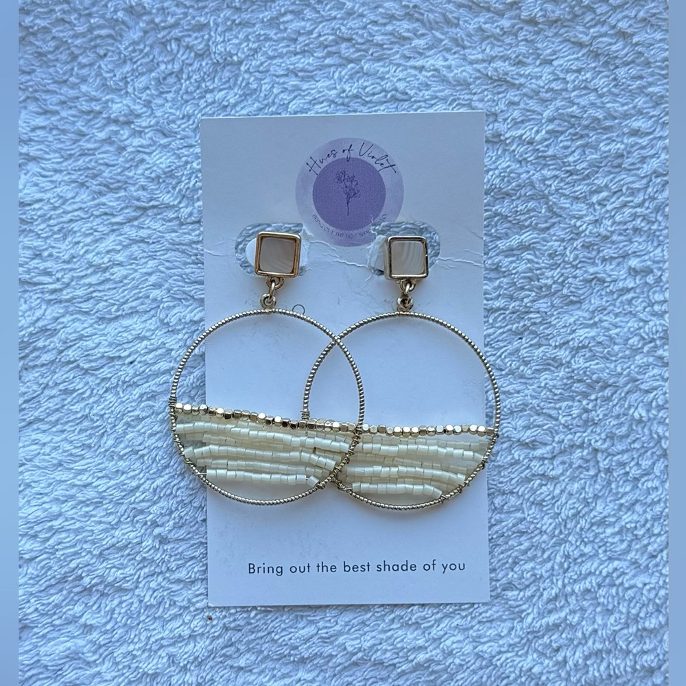 Gold and Cream Beaded Hoop Earrings